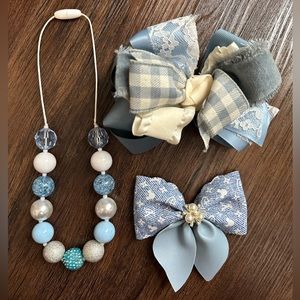 Girls Denim bubble necklace and Alligator bow clip set